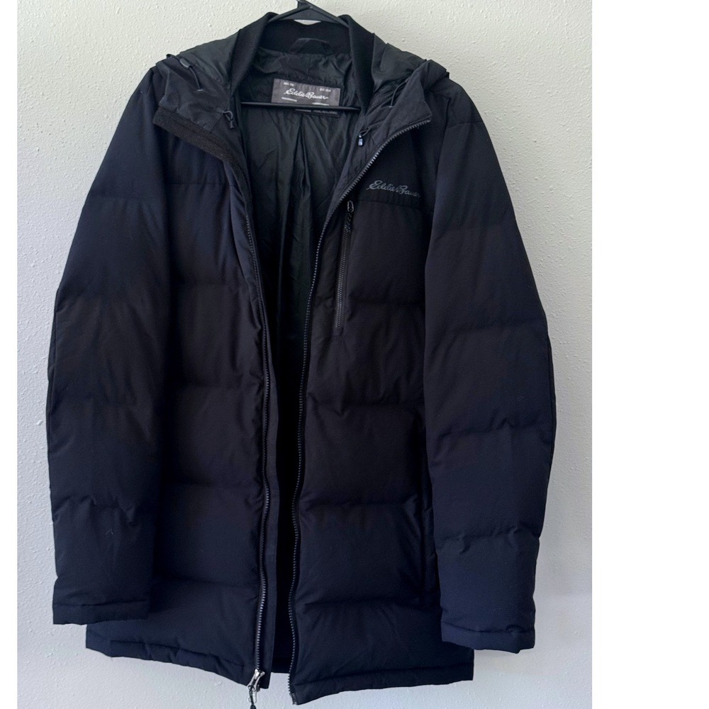 Eddie Bauer Mens Down Puffer Jacket Full Zip Hooded Black Parka Coat Sz M *READ*